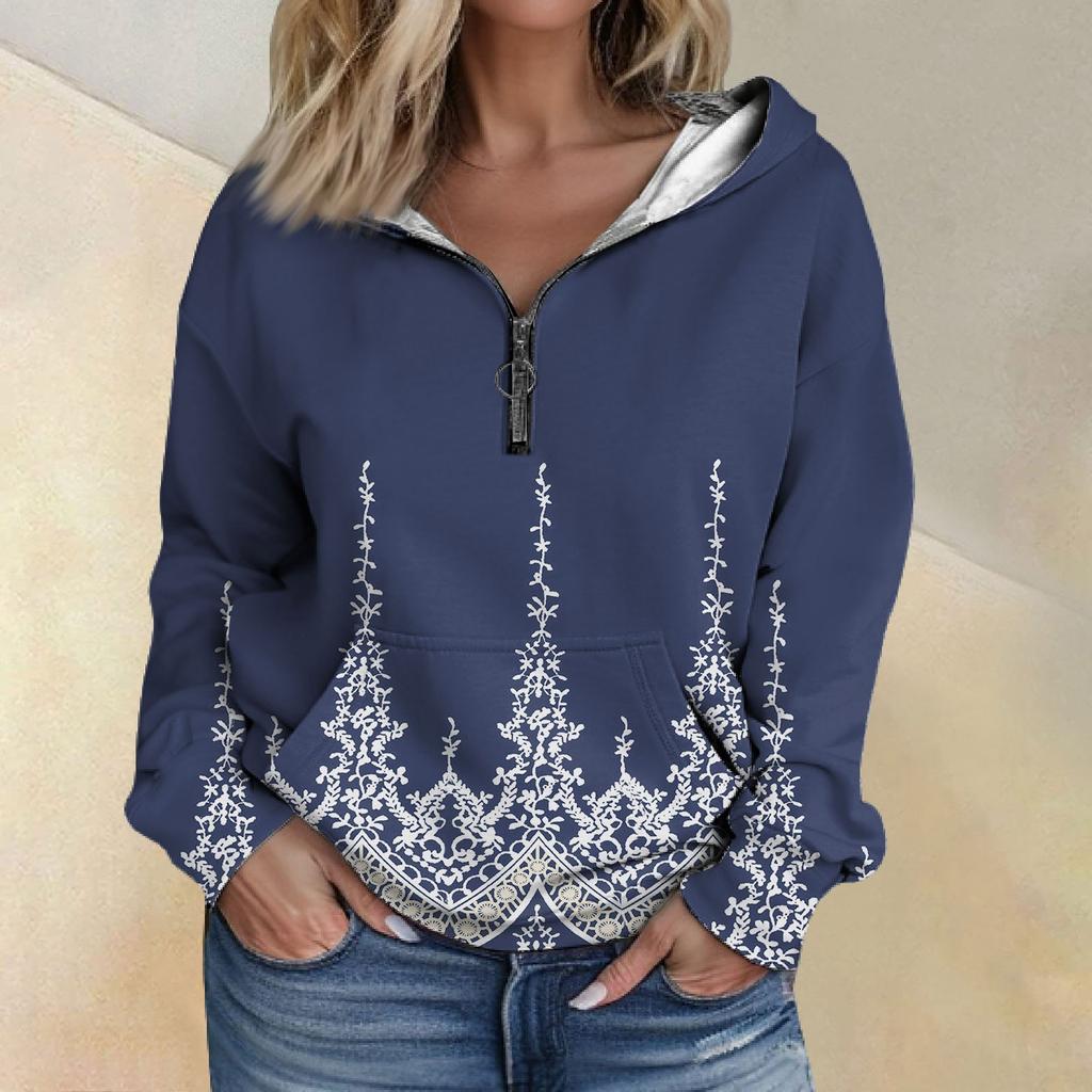 Women's Fashion Printing Long Sleeve Loose Half Zippered Hoodie With Pockets