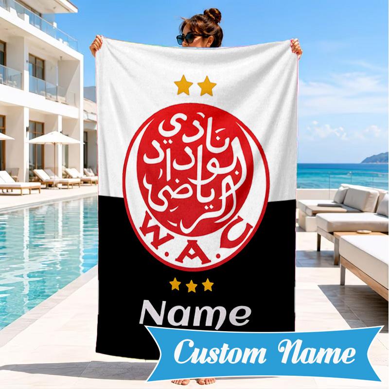 Custom Name Beach Towel Wydad Football Club Crest Microfiber Beach Towel, Lightweight for Summer Travel, Swimming Pool Fan Birthday Gift