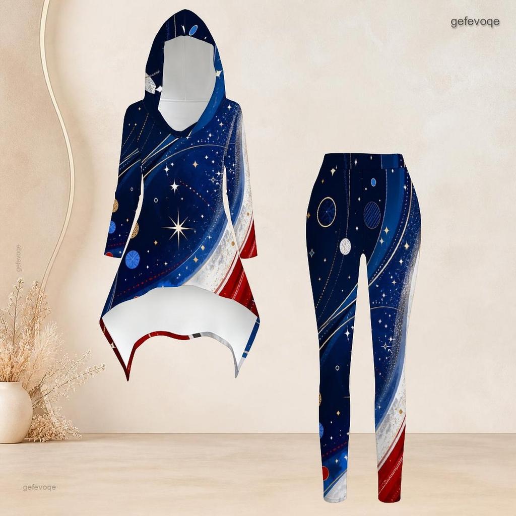 Women Plus Size Starry Printed Hooded Long Sleeve High Low Top Fitted Pants Two Piece Set