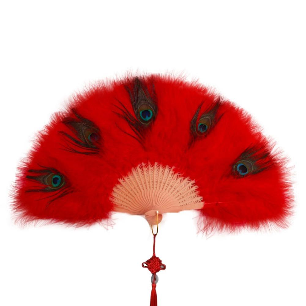 Handheld Peacock Feather Fan With Tassel Feather Dance Fan Elegant Folding Hand Fan Home
