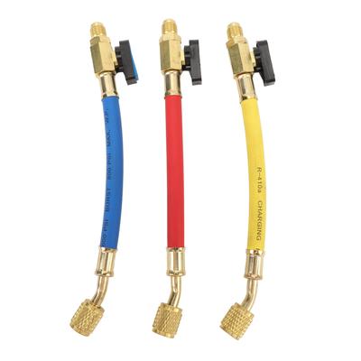 Шланги для заправки хладагентов R134A, R410A, R22, R12. Комплект шлангов для заправки хладагентов с шаровым клапаном, цветовая маркировка для обслуживания систем отопления, вентиляции и кондиционирования воздуха (HVAC).