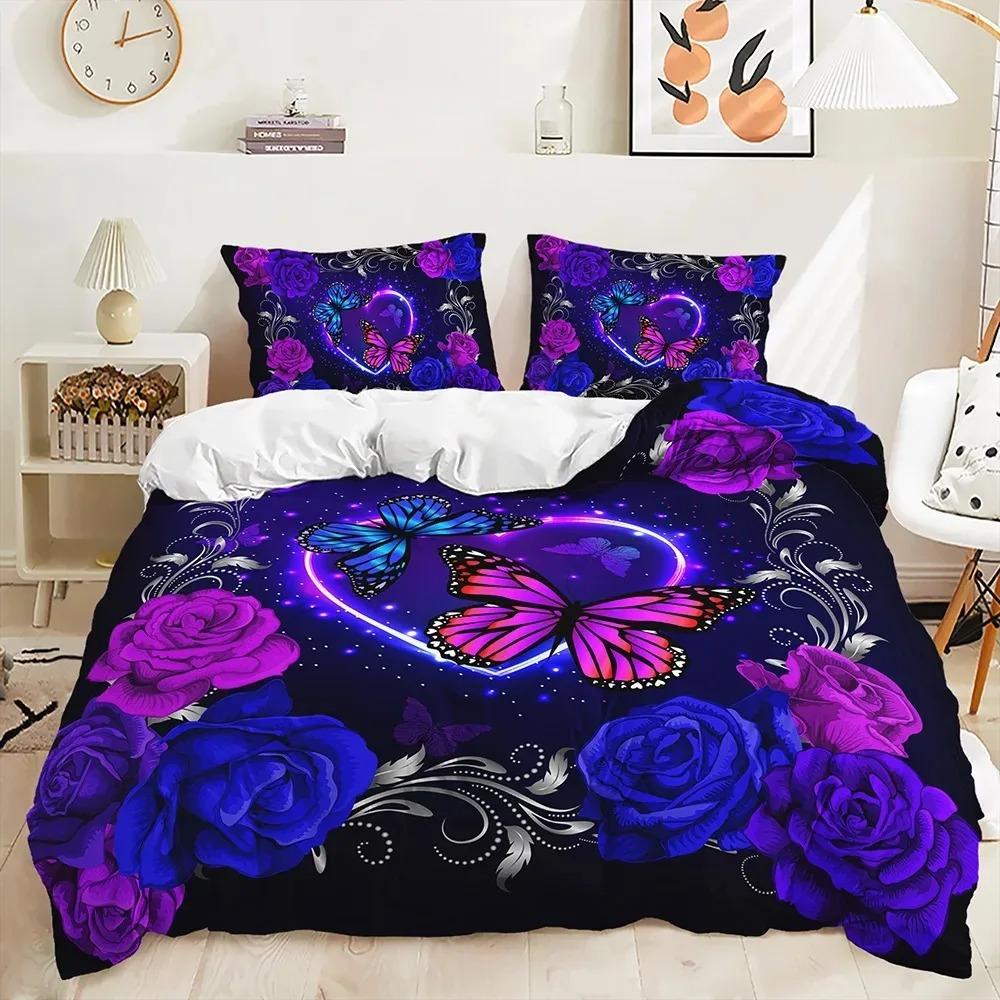 Purple Butterfly Rose Bedding Sets Fashion Duvet Cover Sets Twin Full Queen King Size Pillowcase for Boys Adult Gift Bed Linen