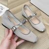 Fashion New Summer Flat Shoes with Square Toe Shallow Mouth Fabric Crystal Metal Buckle Soft Sole and Low Top