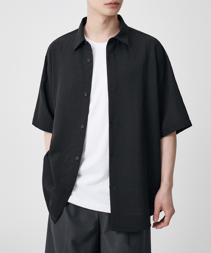 MUSINSA STANDARD Relaxed Linen-Like Short Sleeve Shirt [Black]