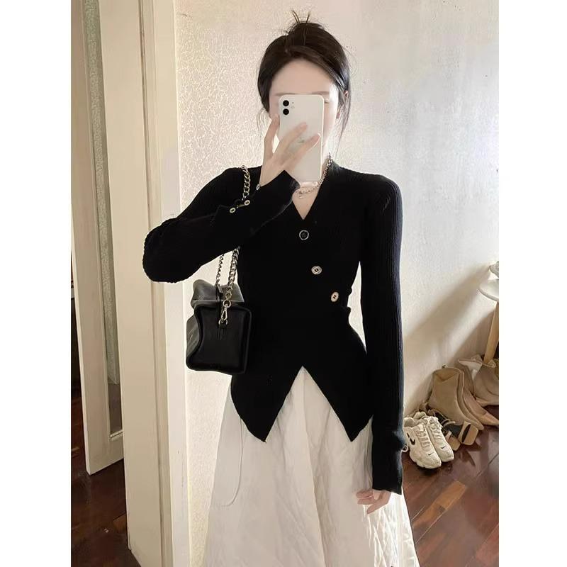 Женский шикарный вязаный облегающий топ с V-образным вырезом крест-накрест для зимы 2025