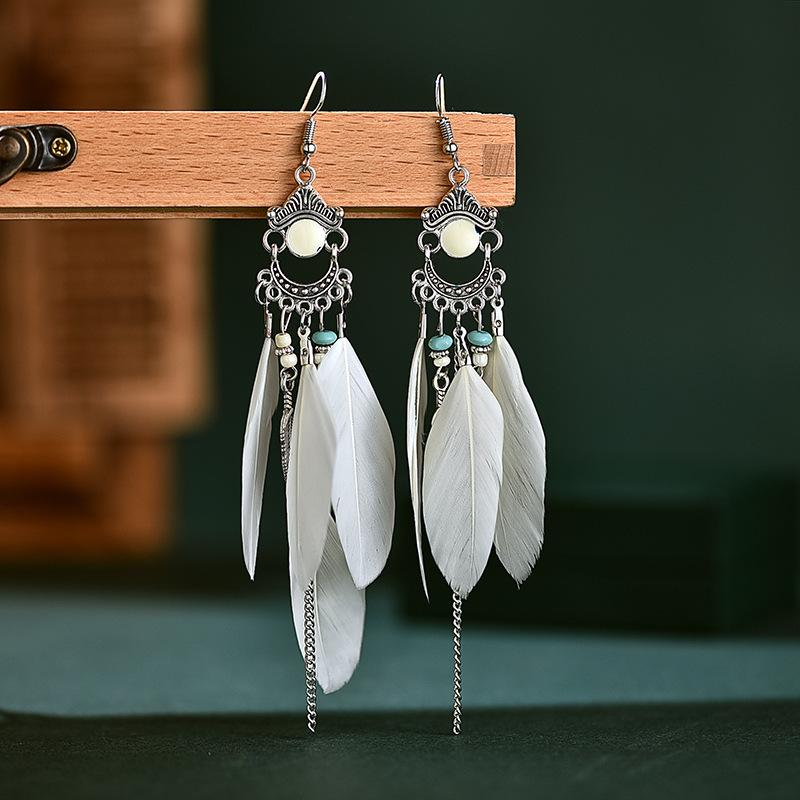 Vintage Long Feather Earrings Bohemian Personality Pattern Earrings Vacation Travel Earrings