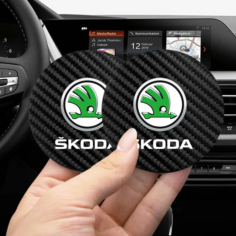 CWWR6 2Pcs Car Coaster Water Cup Mat Non-Slip Pad For Skoda Vrs Fabia Superb Yeti Octavia Enyaq Rapid Kodiaq Kamiq Karoq Derivati Mk3