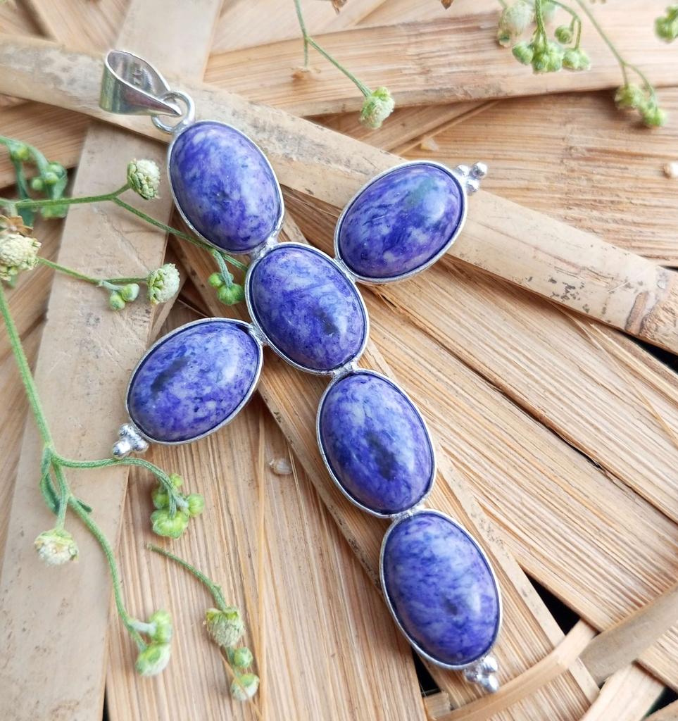 Charoite Gemstone 925 Sterling Silver Plated Gifted Cross Shape Pendant Jewelry NST-J2H17741