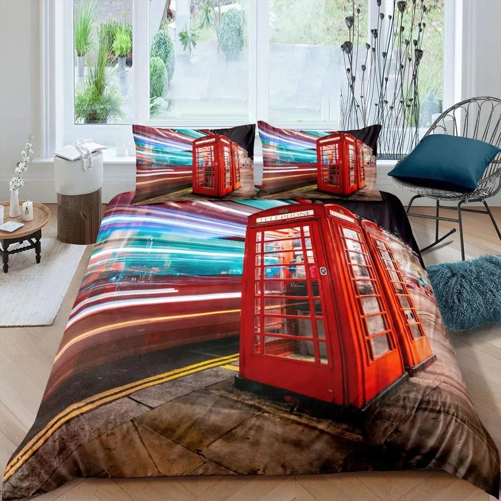 Big Ben Comforter Cover Boys Famous Telephone Booth Bedding Set For Teens Retro London Cityscape Duvet Cover Set With Pillowcase