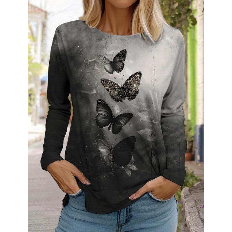 Women's White Long-sleeved Tops Round Neck Casual Tops 3d Print Butterfly Ink Print Ladies Fashion Long-sleeved T-shirt