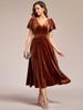 Ever-Pretty Women's Striped Velvet Flutter Sleeves V-Neck Midi Wedding Guest Dress Plus Size