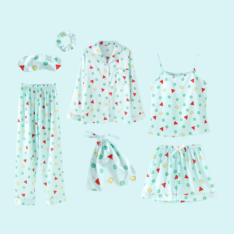 GMXIA Пижамный комплект из 7 предметов из искусственного шелка с клубничным принтом, Комплект из 7 предметов шелковой пижамы для весны, лета и осени, Домашняя одежда, Пижамные комплекты