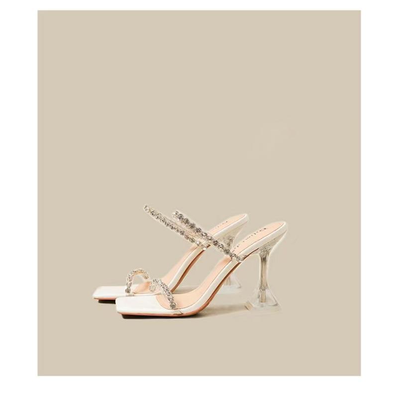 Новые летние пикантные модные женские сандалии с открытым носком, блестящие женские туфли на высоком каблуке с квадратной головкой и большим дизайном