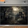 Halloween Graveyard Castle Backdrop Banner, Moonlit Path with Dead Trees Fog and Gothic Spires, Spooky Tapestry for Bedroom Party Decor