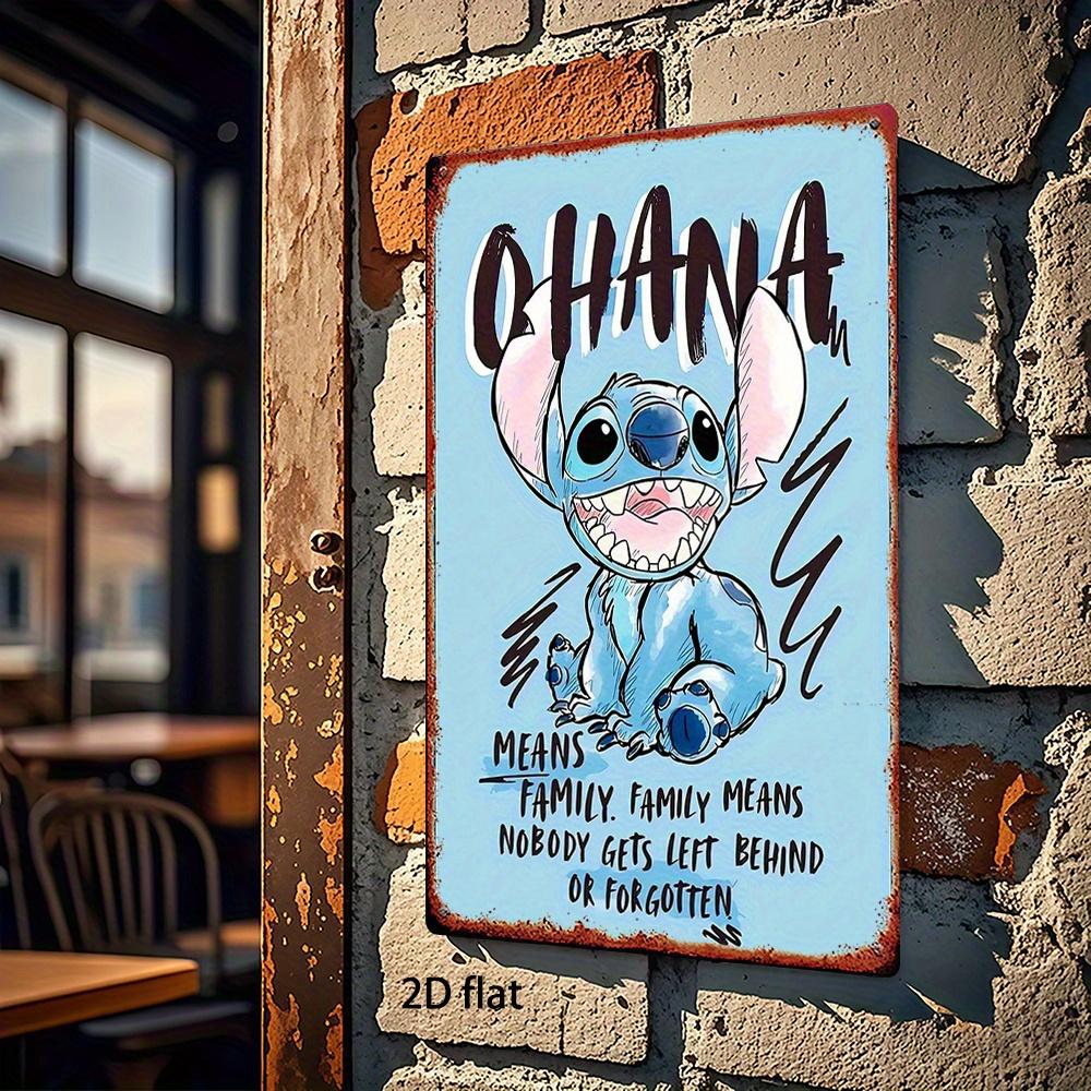 1 шт. Винтажная металлическая настенная табличка Disney Stitch - 20,32x30,48 см Ретро мультяшный декор с цитатой "Охана значит семья", Прочный Индо