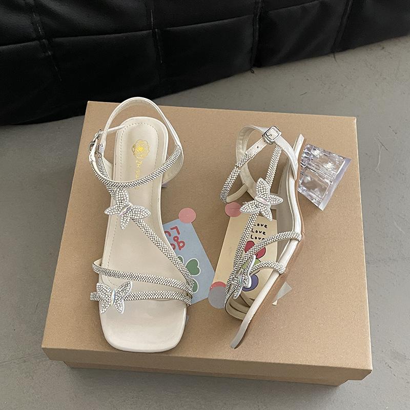 Новые хрустальные туфли модные универсальные повседневные сандалии со стразами женские юбочные с открытым носком на высоком каблуке