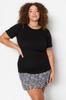 Women's Fashion New Plus Big Size Blouse Black Crew Neck Bodycone Ribbed Knitted Blouse