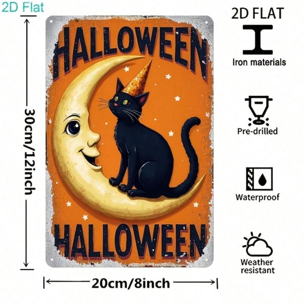 Винтажная металлическая жестяная табличка Хэллоуин Черный Кот Луна, 2D Плоский Декор Стены для Дома Бара Кафе Вечеринки