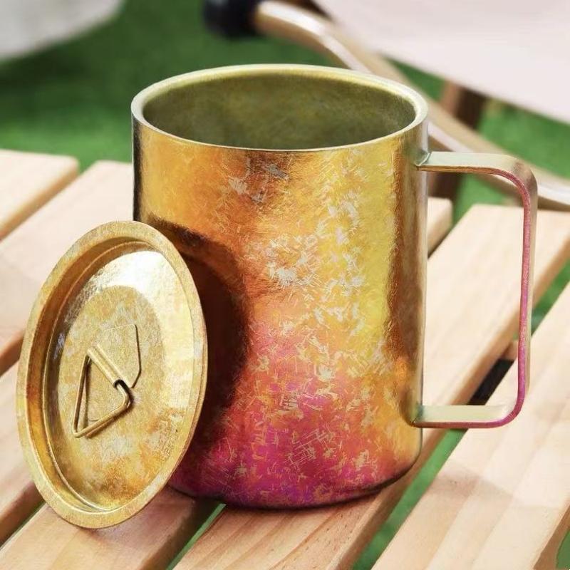 Кружка для кемпинга из чистого титана, С крышкой, Двухслойная, Разноцветная ручка, Для завтрака, пива, 350 мл, Стакан для сока, Термостакан