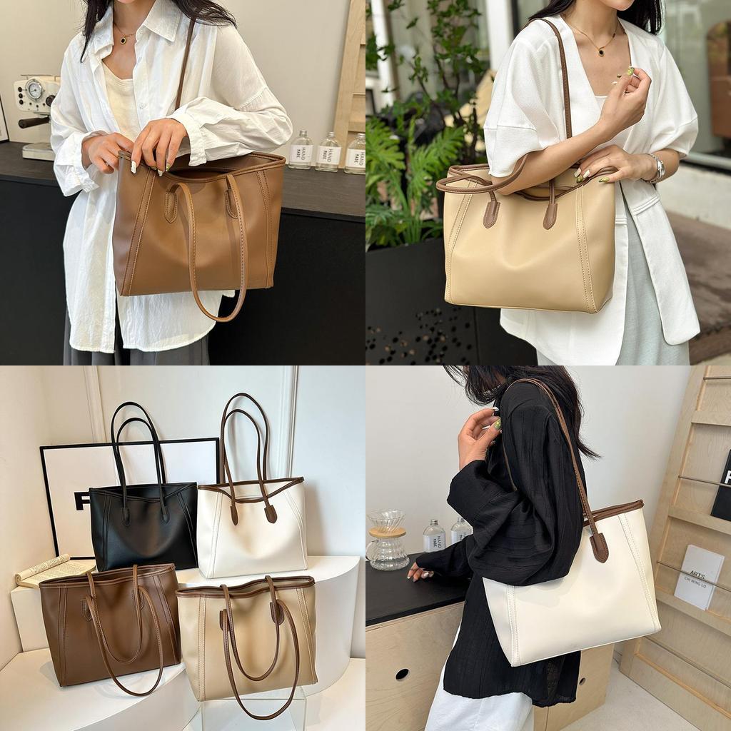 Stylish Retro Large Capacity Tote Bag For Women Ideal For Daily Commuting In White Brown Black And Khaki