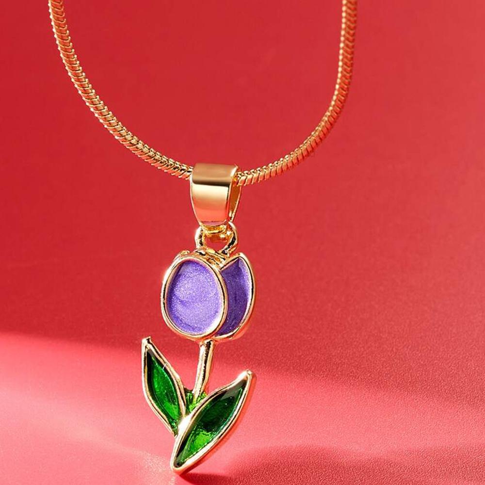 Ожерелье с подвеской в виде фиолетового цветка и зеленого листа для женщин, милое ожерелье с тюльпаном для девочек, великолепная повседневная одежда, модные ювелирные изделия
