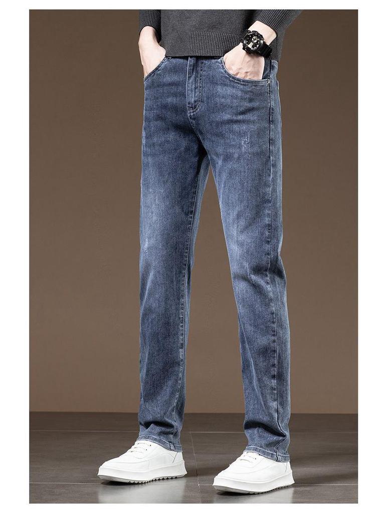 Men's Slim Fit Straight Leg Jeans - Whiskered Washed Long Pants for Autumn/Winter 2025