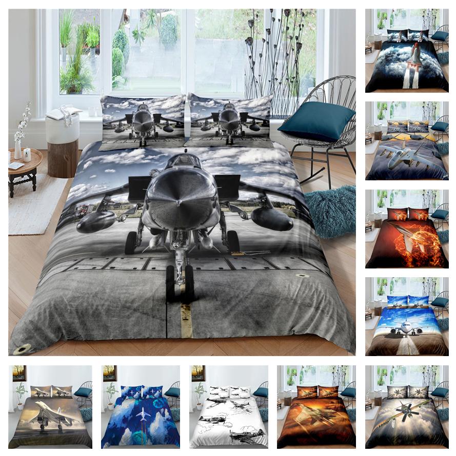 3D Aircraft Bedding Set, Transportation Tools, Quilts, Pillowcases, 2/3 Pieces, DE135 * 200, Boys' Room, Full Size, Soft, Zippered Bedroom Decoration