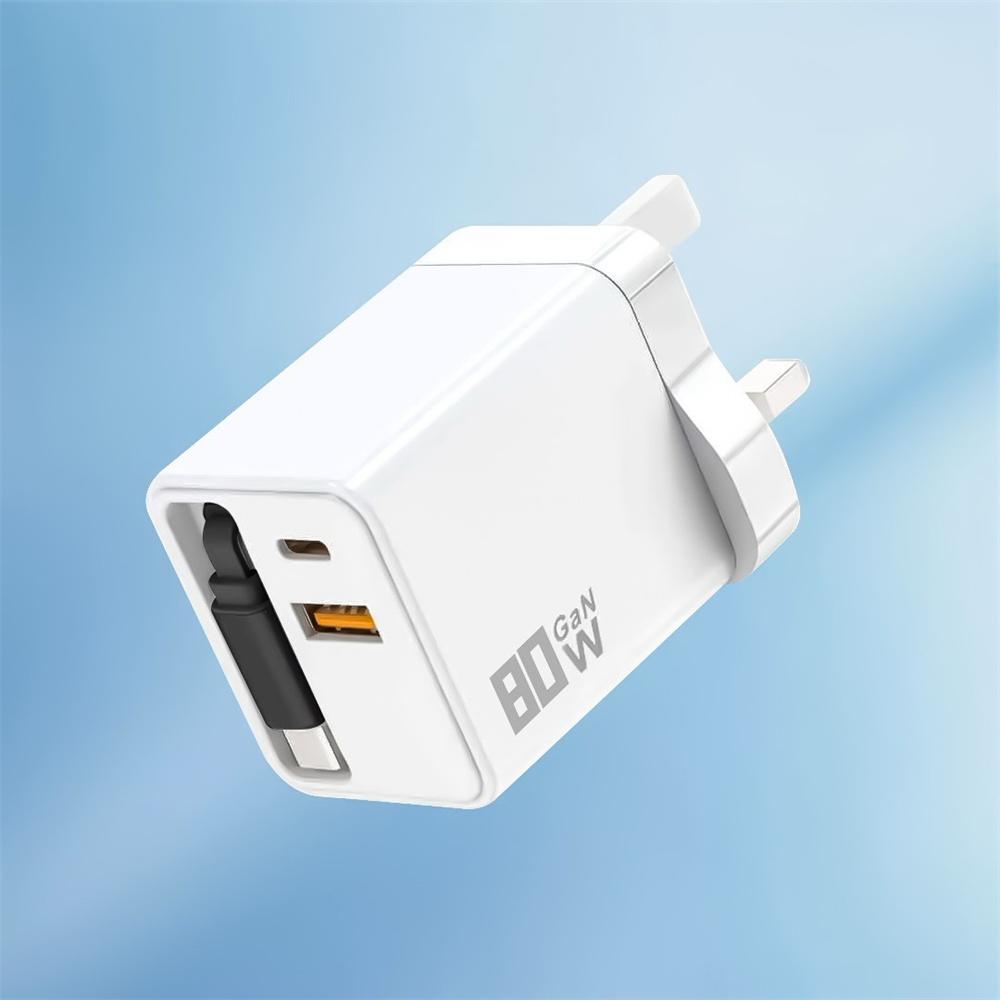 80W GaN 3 In 1 Fast Phone Charger With Retractable Type-C Cable Power Adapter for iPhone 16 15 Pro max Xiaomi 17 Huawei Samsung