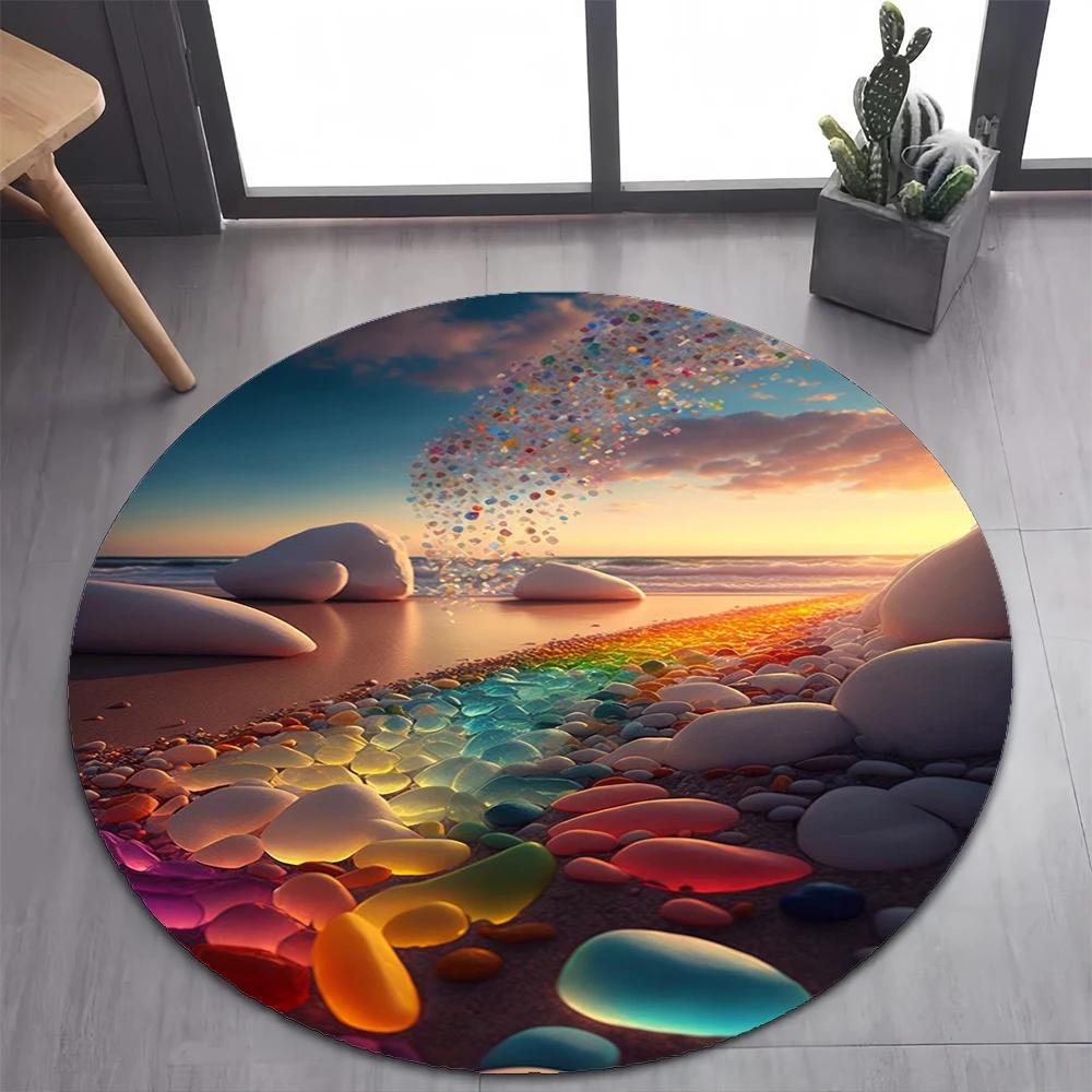 2025 New Style Colorful Rainbow Pebble Road Beach Stone Round Carpet Rug for Bedroom Living Room Decoration,pet Decor Floor Mat