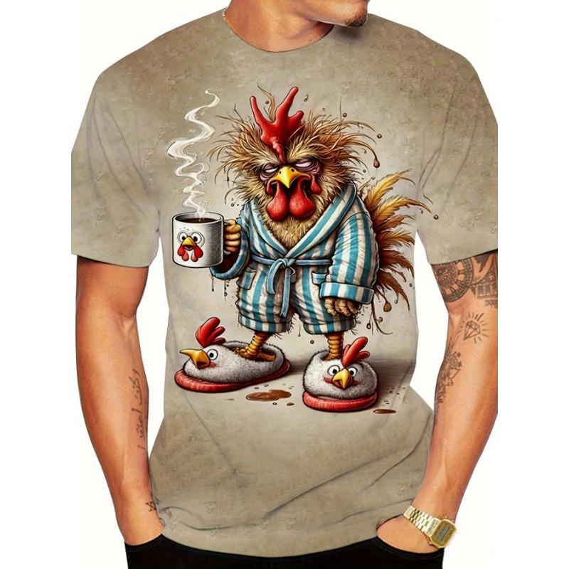 Men's Funny Morning Rooster 3D Printed T-Shirt Casual Short Sleeve Crewneck Top Cool Coffee Chicken Graphic Tee Quirky Harajuku Summer Streetwear