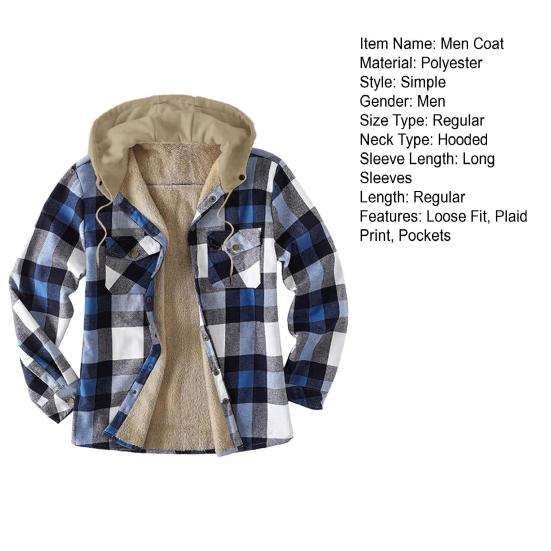 Men Coat Hooded Drawstring Long Sleeve Plaid Print Jacket with Pockets Buttons