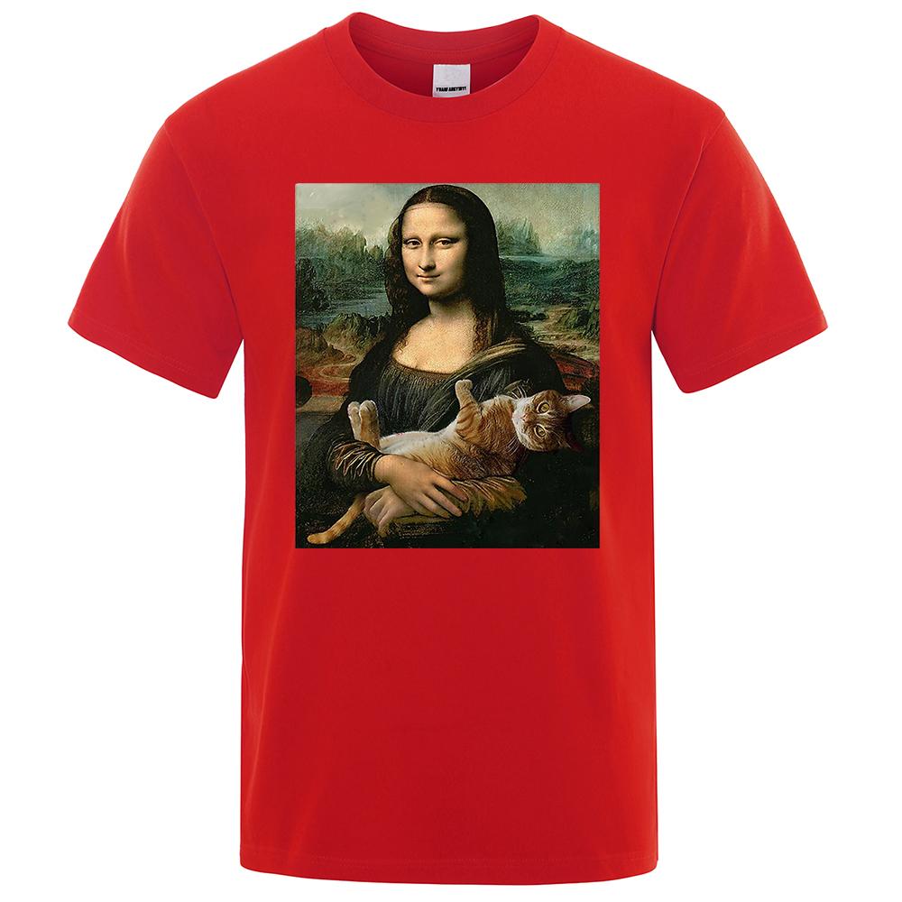Смешная футболка с принтом Моны Лизы и кошки для мужчин, летняя хлопковая футболка, свободная дышащая одежда, короткая