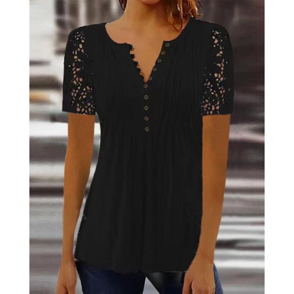 GMXIA Женские модные повседневные кружевные кружевные рукава, прессованные летние однотонные блузки и рубашки с короткими рукавами и v-образным вырезом с принтом