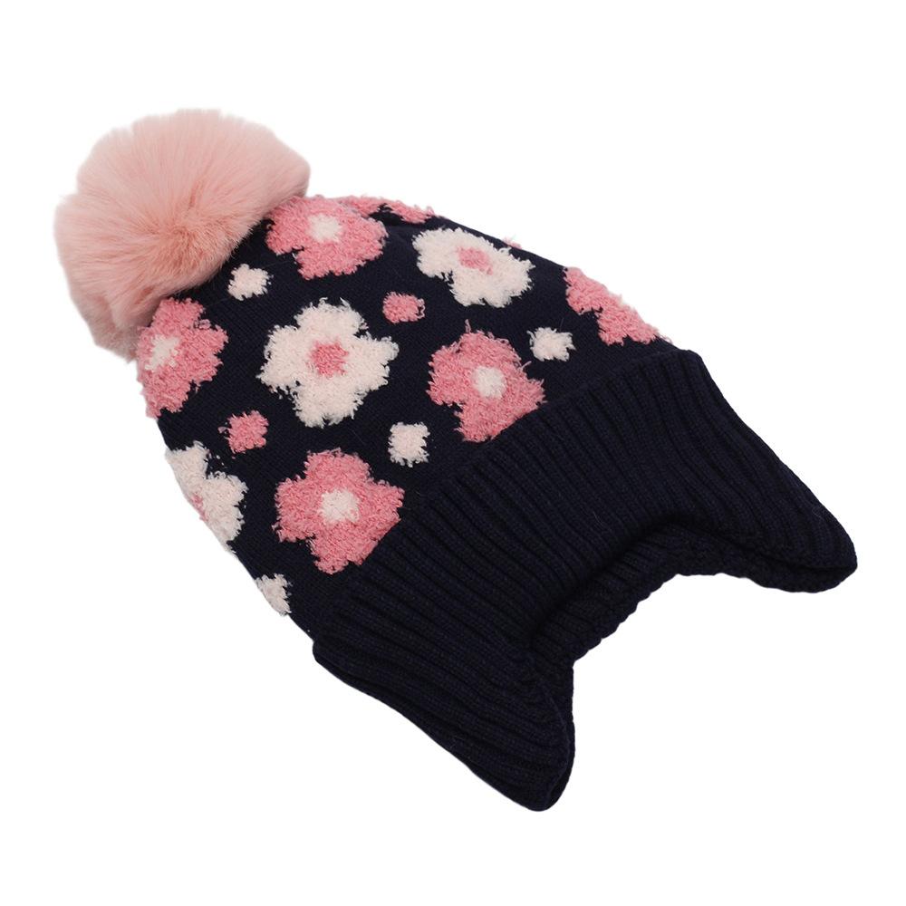 New girls jacquard flower knitted hat winter warm and plush children's hairball ear protection hat