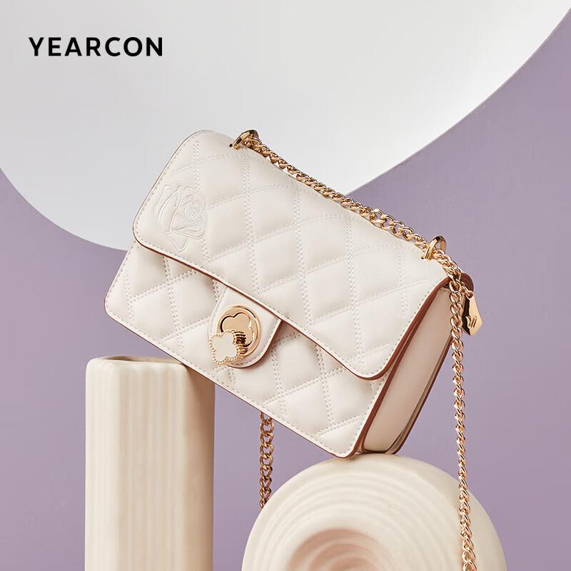 YEARCON Women's Leather Handbag, Diamond Pattern Chain Bag, Crossbody Rose Embroidery Shoulder Bag, Stylish Square Bag