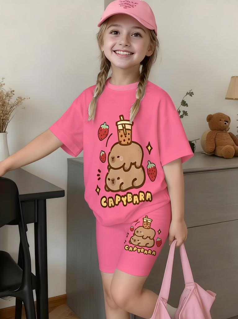 Children's Clothing Cute Capibala Print Tops Summer Outdoor Street Short Sleeve Girls Clothes Comfortable Fashion Children's Set