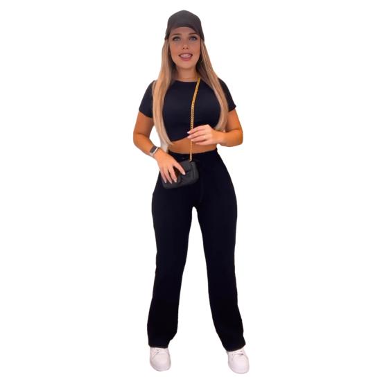 2 шт./комплект женский укороченный топ брюки комплект короткий рукав О-образный вырез облегающий топ высокая талия