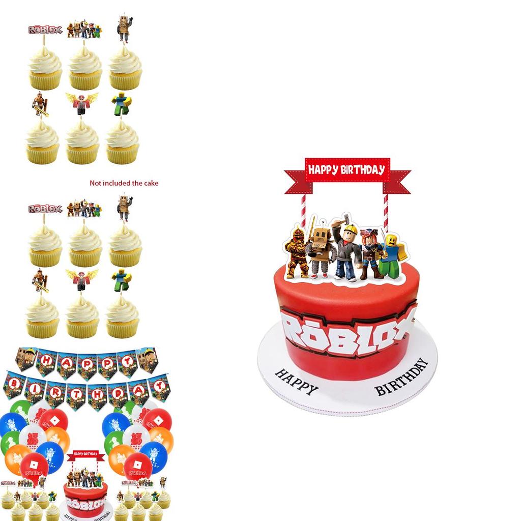 Набор принадлежностей для дня рождения в стиле Roblox, включающий яркий баннер, воздушные шары и топперы для торта для детей