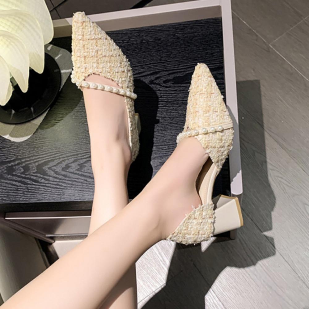 Туфли-лодочки Женская обувь Острый носок Одинарная обувь Женский толстый каблук Новинка Жемчуг Универсальные Туфли с мелким вырезом Боковые вырезы Высокие каблуки Женские