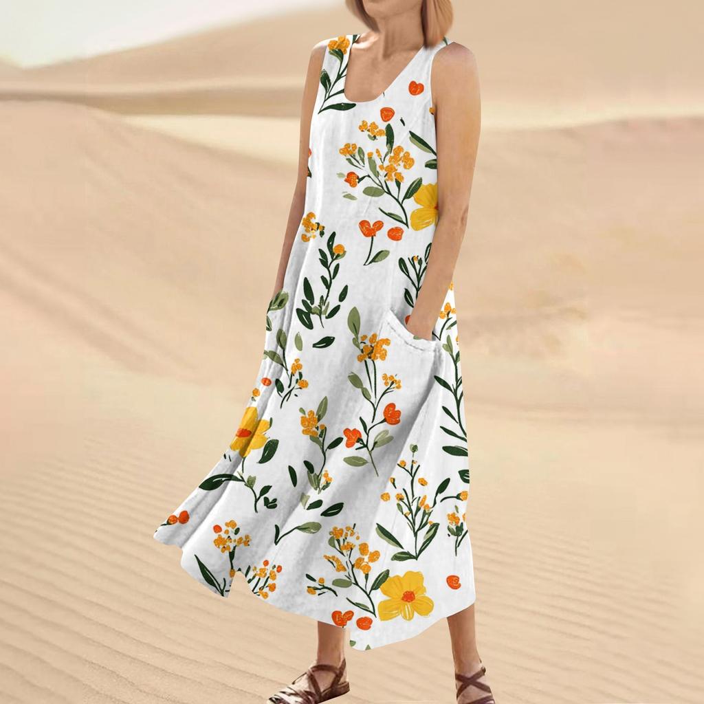 Женское летнее повседневное модное платье без рукавов с круглым вырезом и карманом с цветочным принтом