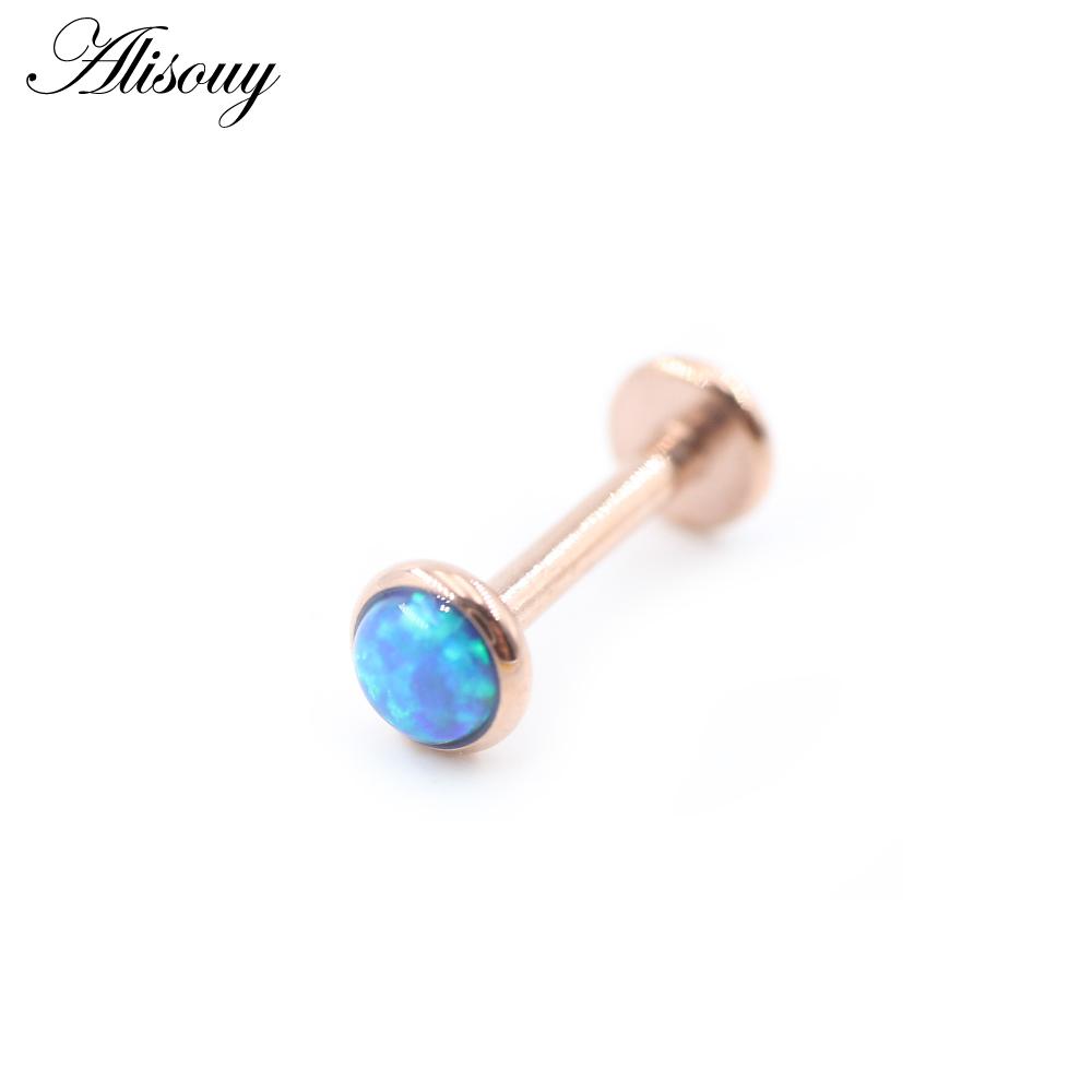 Alisouy 1PC Stainless Steel Opal Stone Labret Lip Tongue Rings Ear Tragus Helix Cartilage Stud Earrings Piercing Body Jewelry