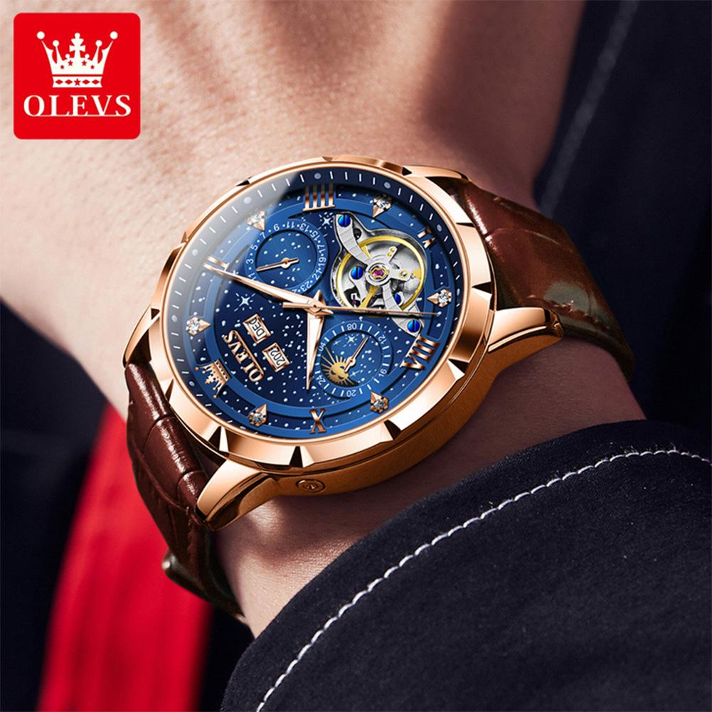 OLEVS 6690 Men's Watches Fashion Business Date Moon Phase Mechanical Men Watches Luxury Hollow Original Waterproof Watch for Men