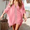 Beach Cover Up V-Neck Half Sleeve Splicing Design Bikini Swimsuit Cover Up Solid Color Beachwear Summer Accessories