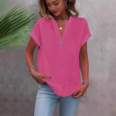 Женская однотонная рубашка с V-образным вырезом и коротким рукавом на пуговицах из дышащего хлопкового льна с застиранными складками, модный европейский/американский стиль