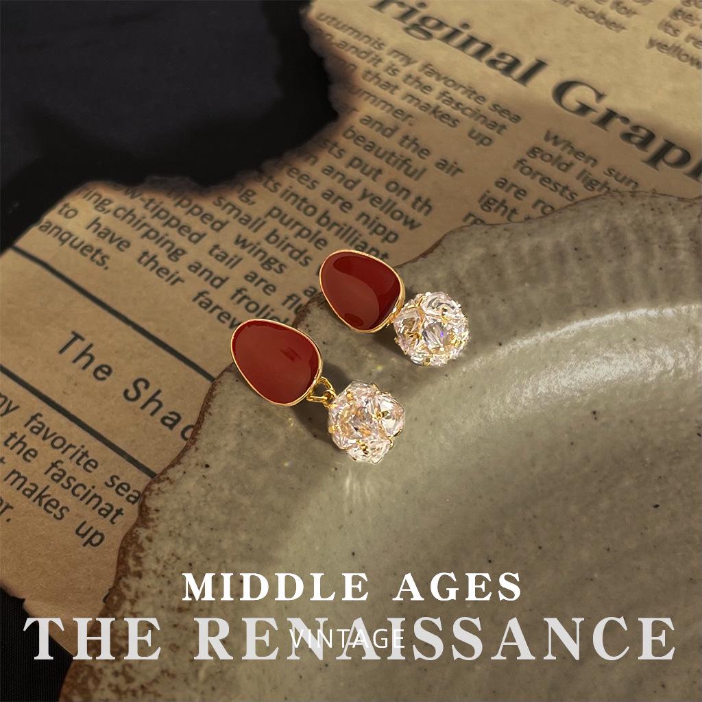 Vintage Burgundy Red Enamel Drop Earrings - Retro French Style Studs