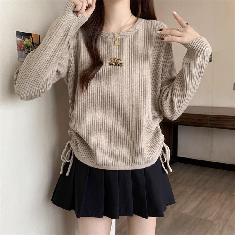 Ribbed Knitted Slimming Drawstring Sweater - Women's Korean Style Spring/Autumn Top