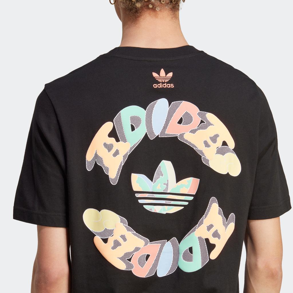 adidas Оригинальная футболка с рисунком Trefoil Enjoy, спортивная футболка с короткими рукавами и мультяшным буквенным принтом, мужские топы, черные IT8183