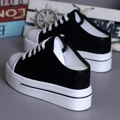 Модные Элегантные Черно-Белые Холщовые Слипоны на Платформе и Танкетке Женские Туфли Мюли Повседневные Скрытая Платформа Женские Шлепанцы Сандалии с Закрытым Носком