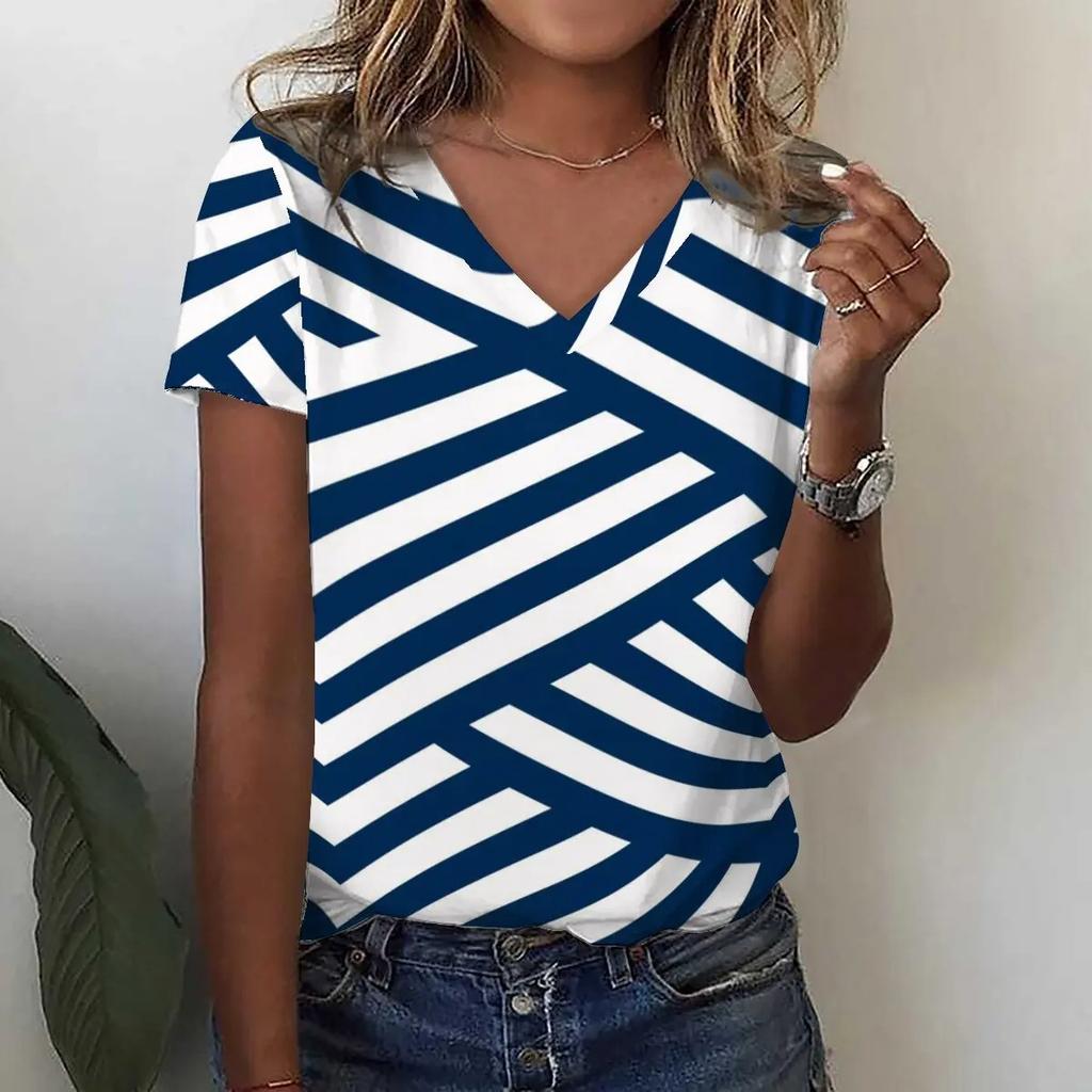 Summer Round Neck 3D Stripe Print T-shirts Fashionable Casual Short Sleeved Women's T-shirts