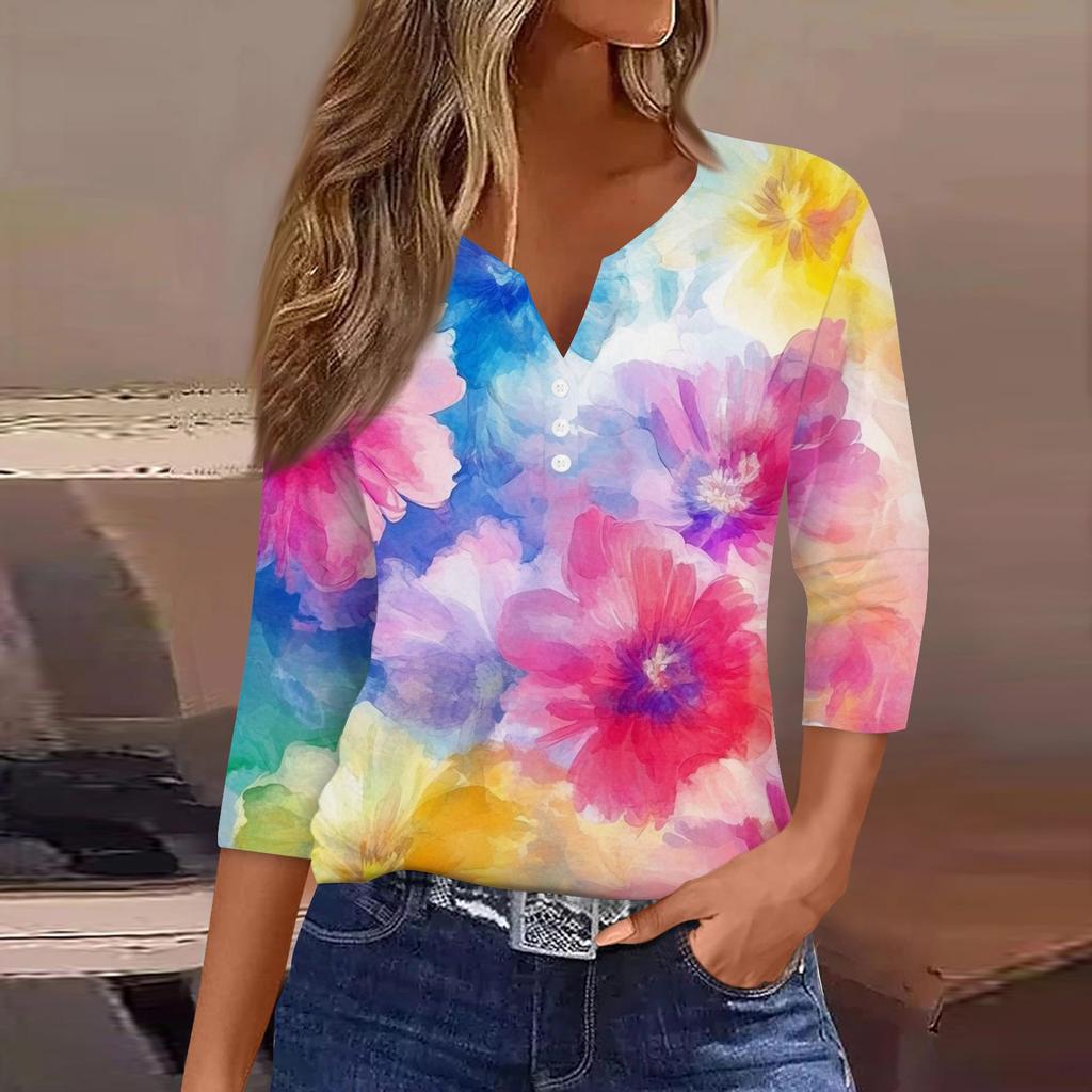Women's T Shirt Tee Print Button 3/4 Sleeve Daily Weekend Fashion Basic V Neck Regular Top